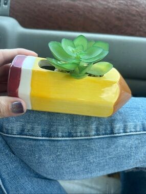 Ceramic Pencil-Shaped Planter with Green Faux Succulent Please See all Pictures